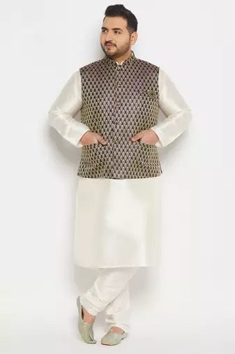 blue and cream silk blend jacket, kurta and pyjama set