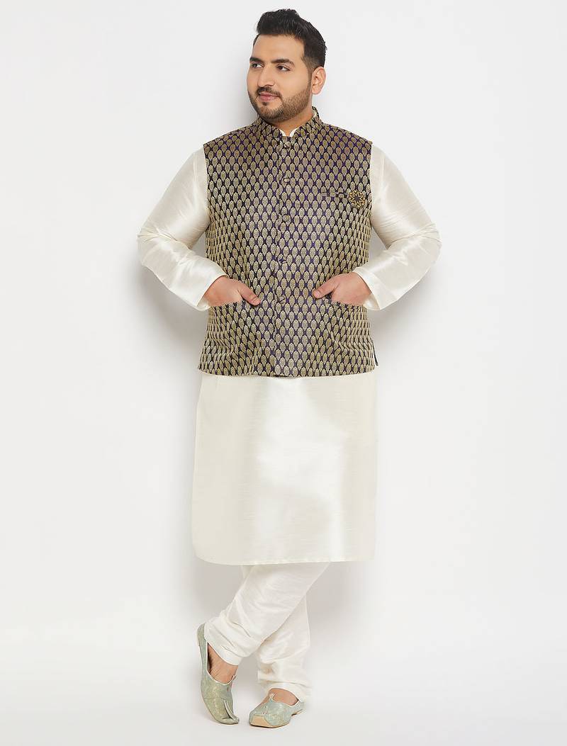 blue and cream silk blend jacket, kurta and pyjama set