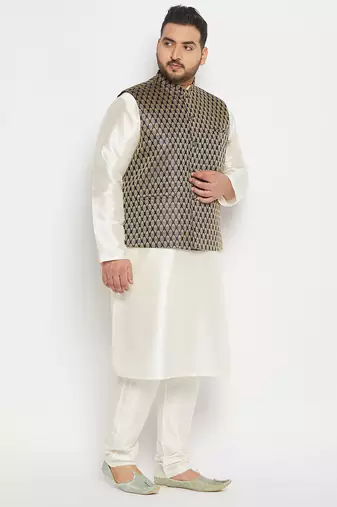 blue and cream silk blend jacket, kurta and pyjama set