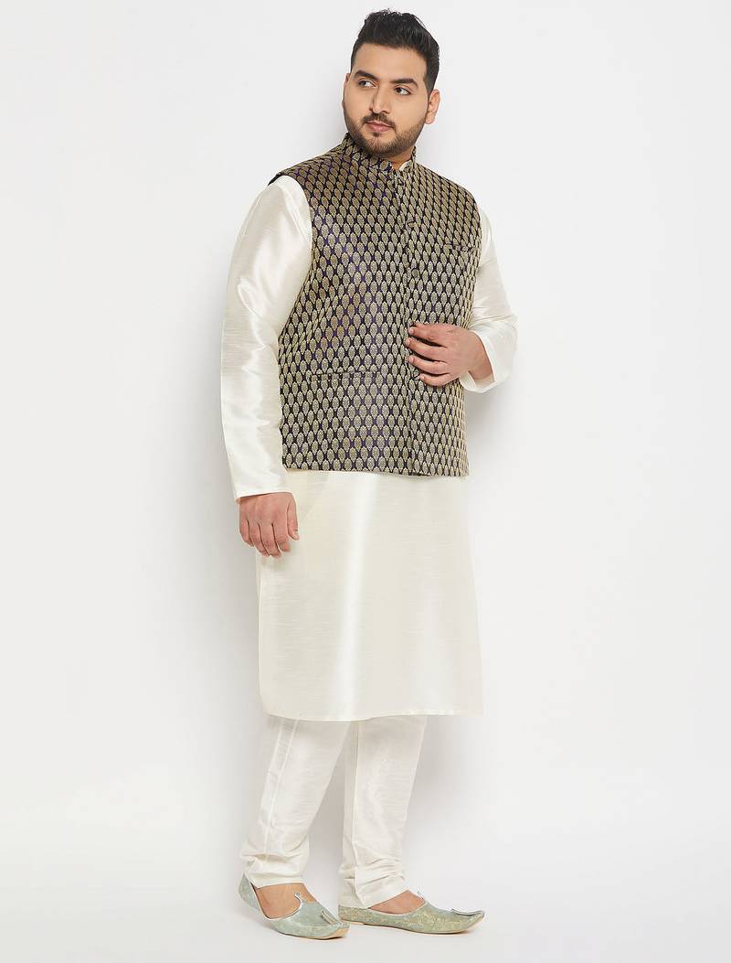 blue and cream silk blend jacket, kurta and pyjama set
