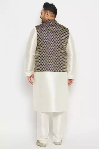 blue and cream silk blend jacket, kurta and pyjama set