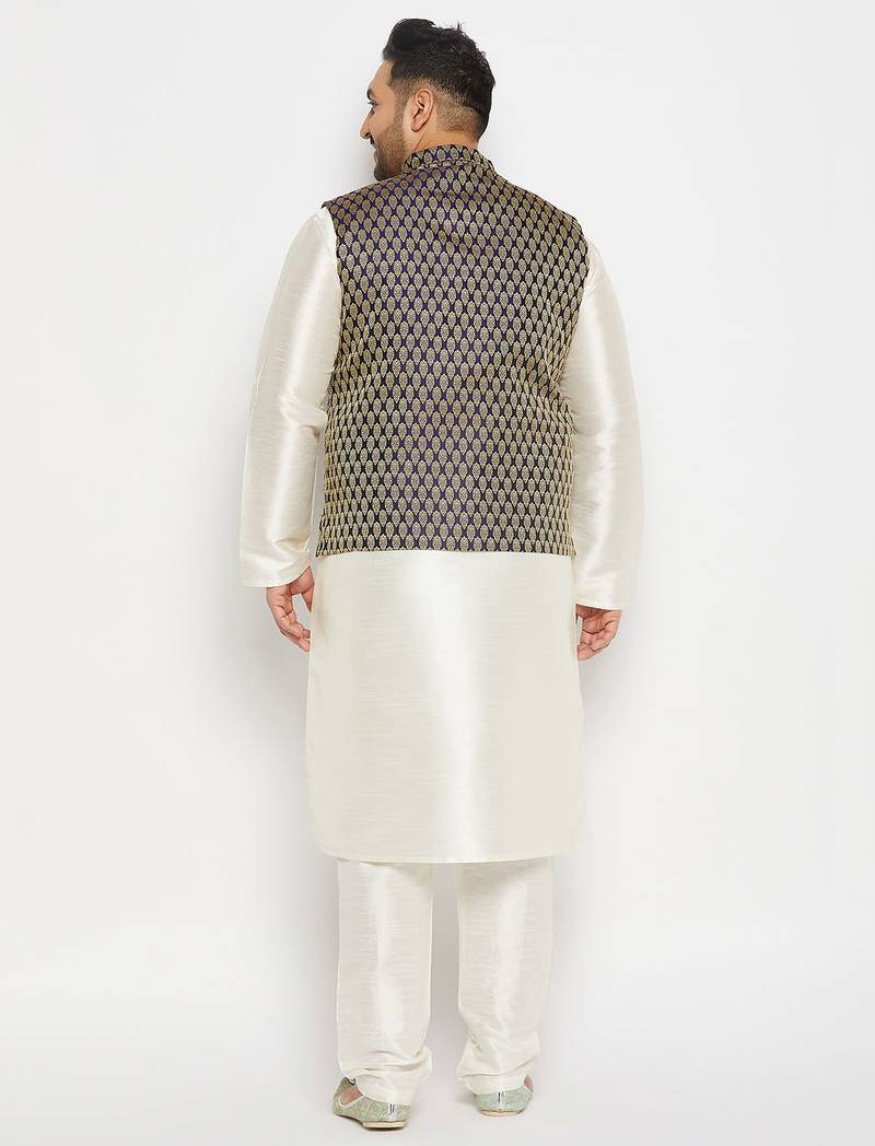 blue and cream silk blend jacket, kurta and pyjama set