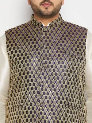 blue and cream silk blend jacket, kurta and pyjama set 4