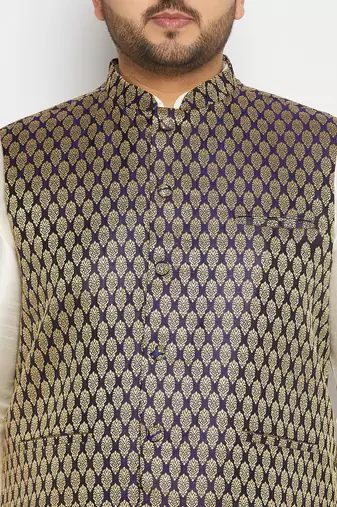 blue and cream silk blend jacket, kurta and pyjama set