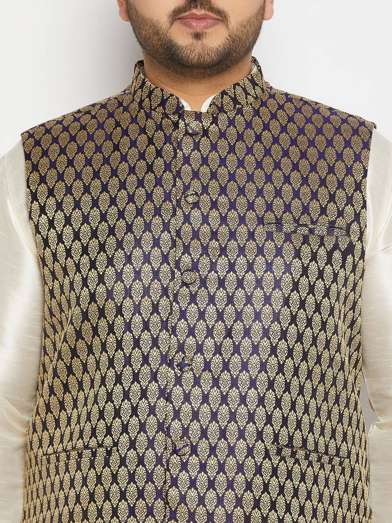 blue and cream silk blend jacket, kurta and pyjama set