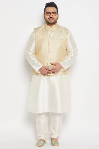 cream silk blend jacket, kurta and pyjama set