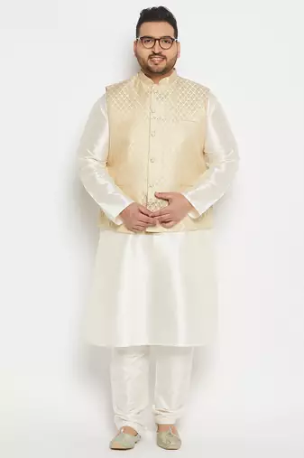 cream silk blend jacket, kurta and pyjama set