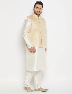 cream silk blend jacket, kurta and pyjama set 2