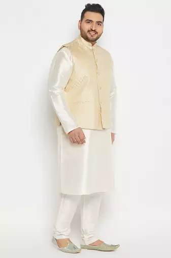 cream silk blend jacket, kurta and pyjama set