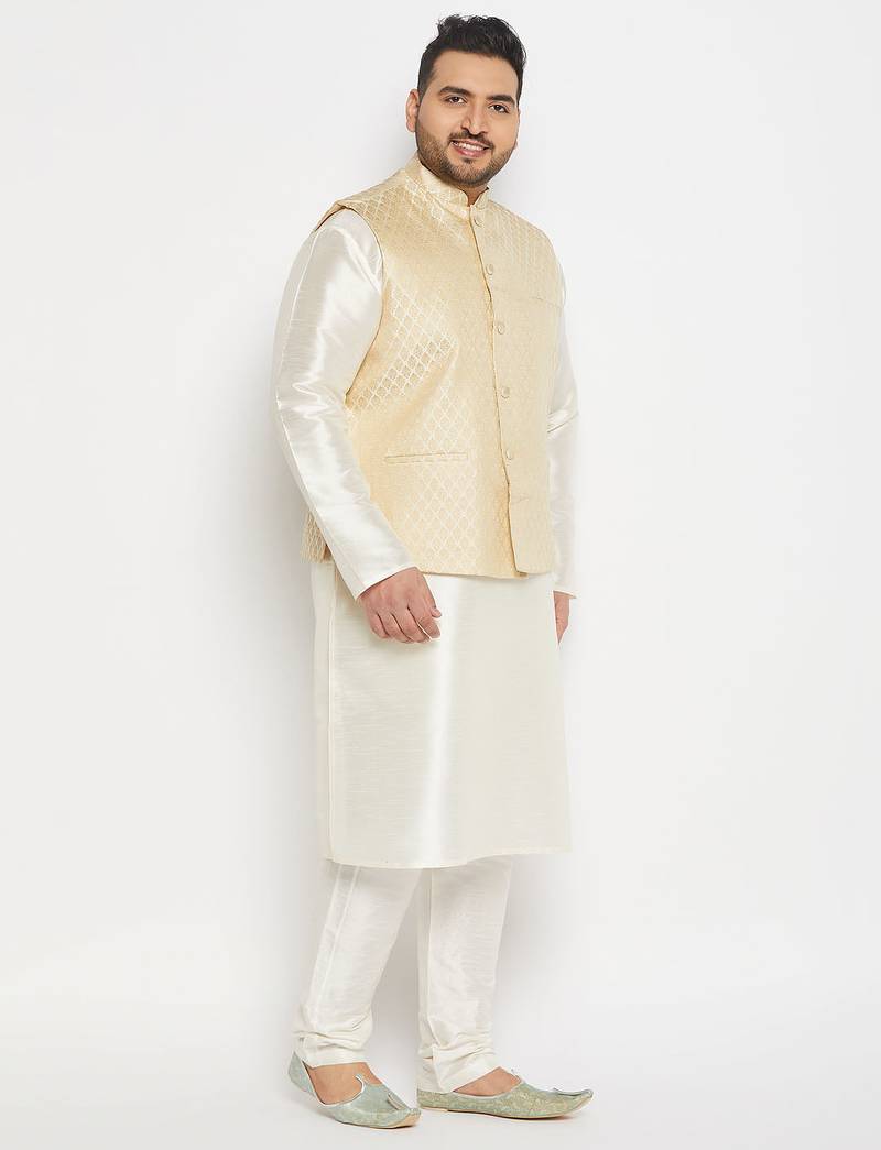 cream silk blend jacket, kurta and pyjama set