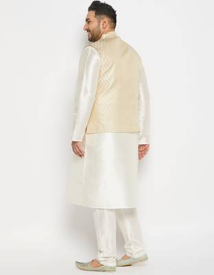 cream silk blend jacket, kurta and pyjama set 3