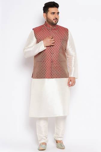 cream and maroon silk blend jacket, kurta and pyjama set