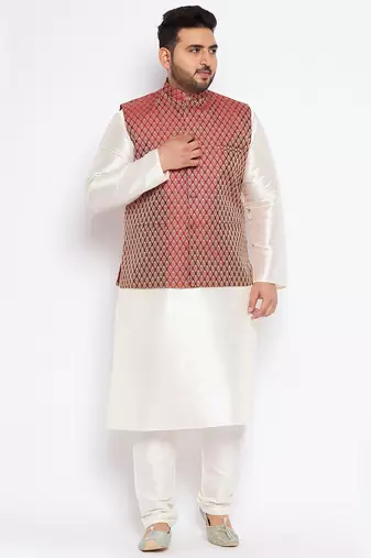 cream and maroon silk blend jacket, kurta and pyjama set