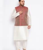 cream and maroon silk blend jacket, kurta and pyjama set