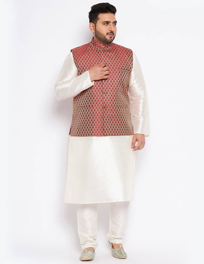 cream and maroon silk blend jacket, kurta and pyjama set
