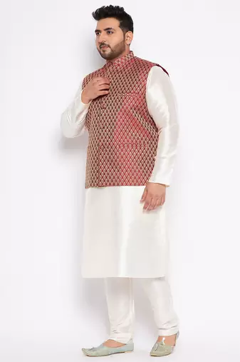 cream and maroon silk blend jacket, kurta and pyjama set