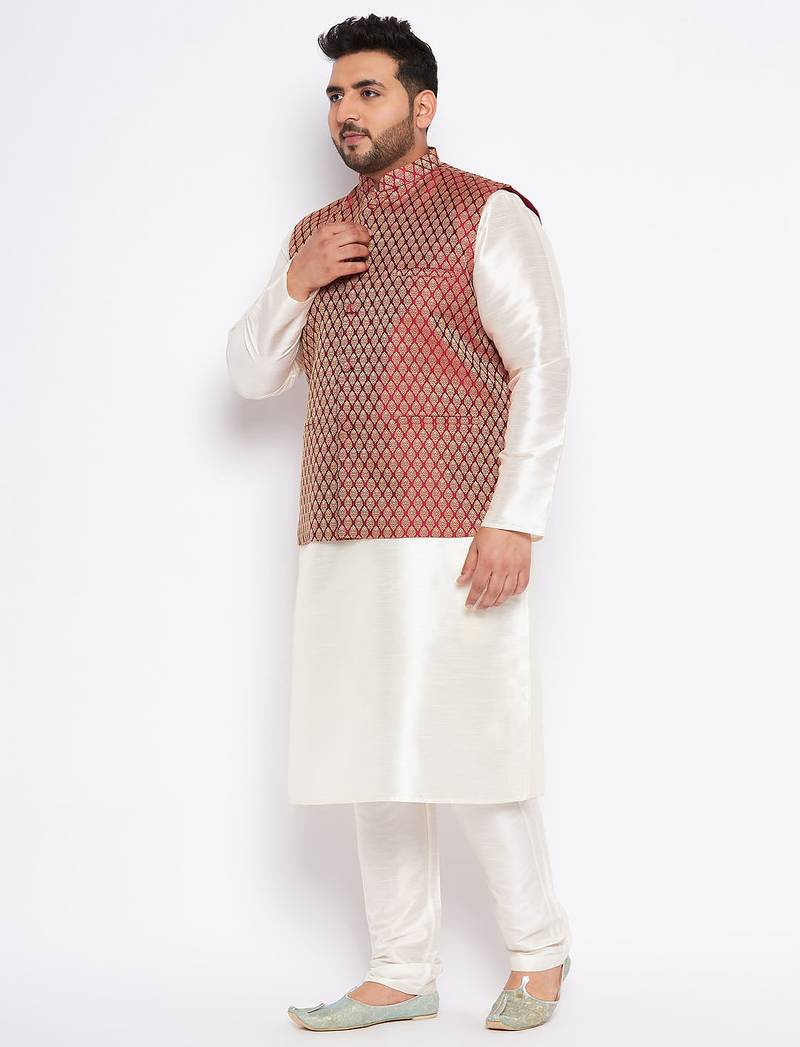cream and maroon silk blend jacket, kurta and pyjama set
