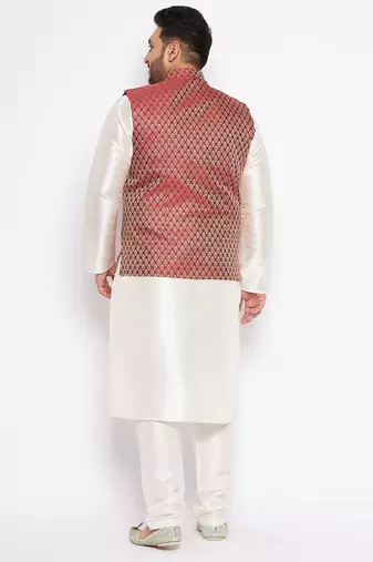 cream and maroon silk blend jacket, kurta and pyjama set