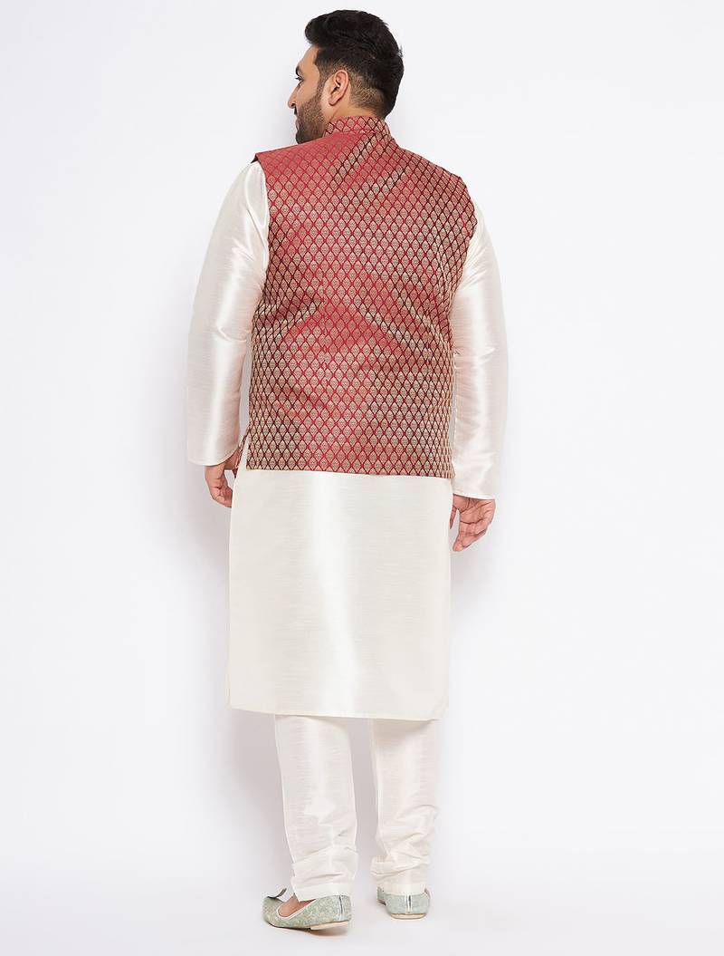 cream and maroon silk blend jacket, kurta and pyjama set