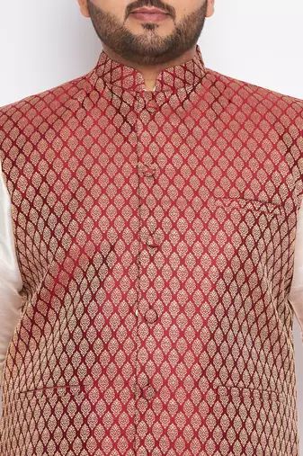 cream and maroon silk blend jacket, kurta and pyjama set
