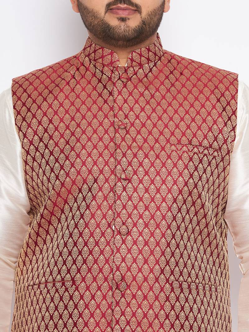 cream and maroon silk blend jacket, kurta and pyjama set