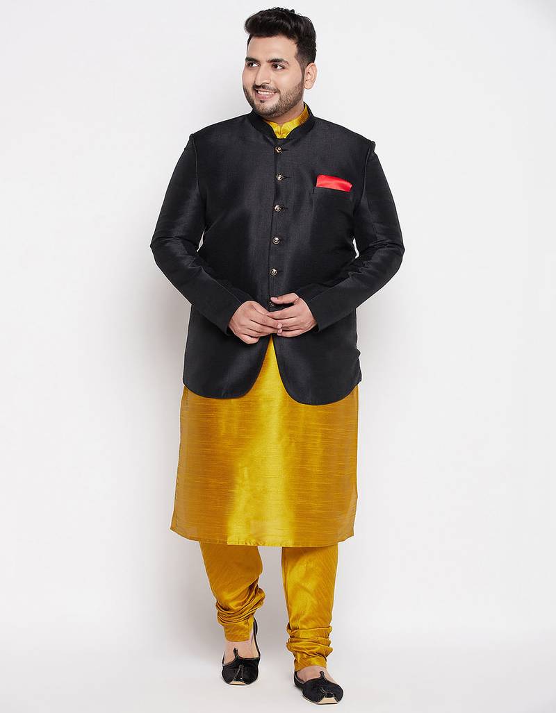 mustard and black silk blend ethnic combo set