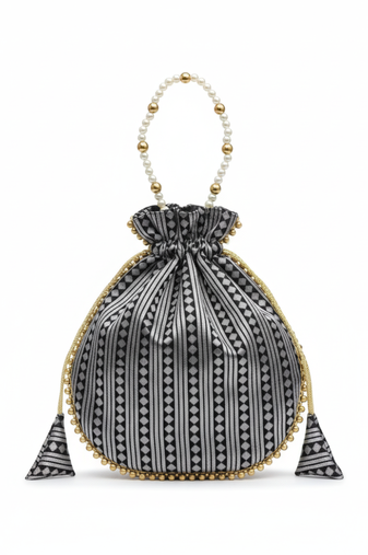 Black jacquard silk designer batwa with pearl handle