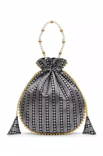 Black jacquard silk designer batwa with pearl handle