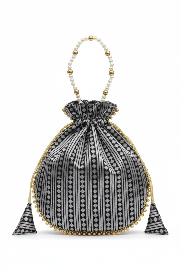 Black jacquard silk designer batwa with pearl handle