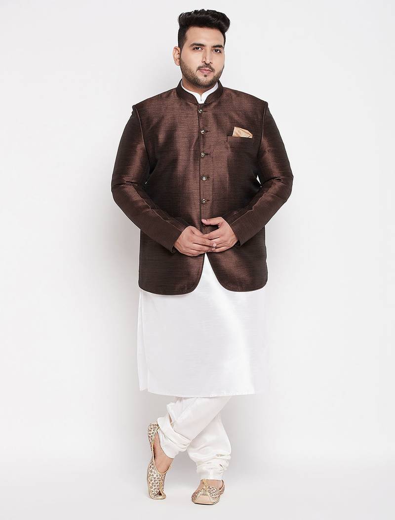 white and coffee silk blend ethnic combo set