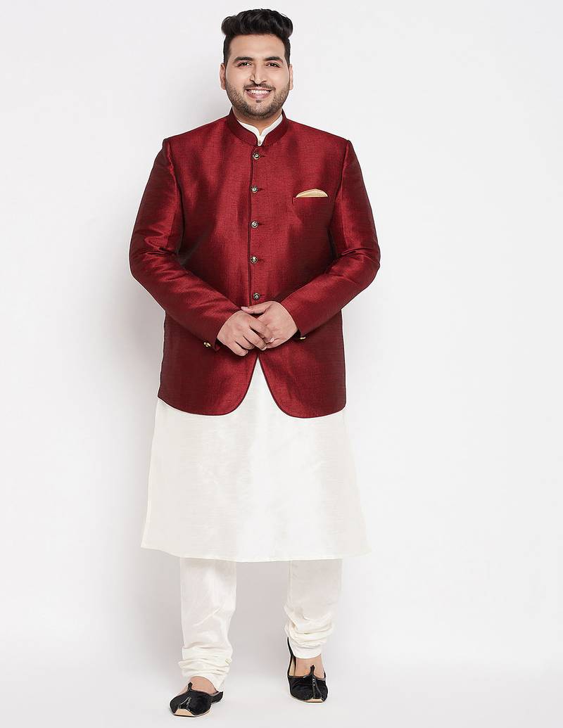 cream and maroon silk blend ethnic combo set