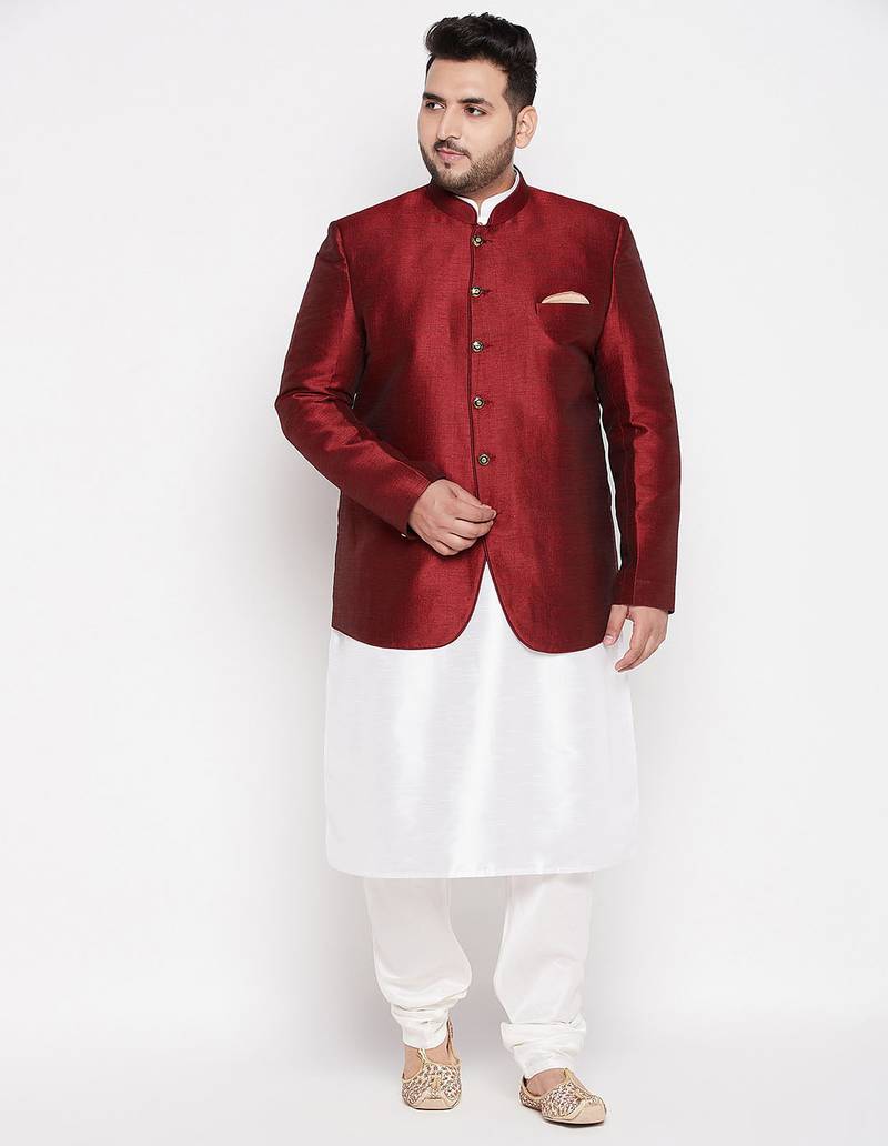 white and maroon silk blend ethnic combo set