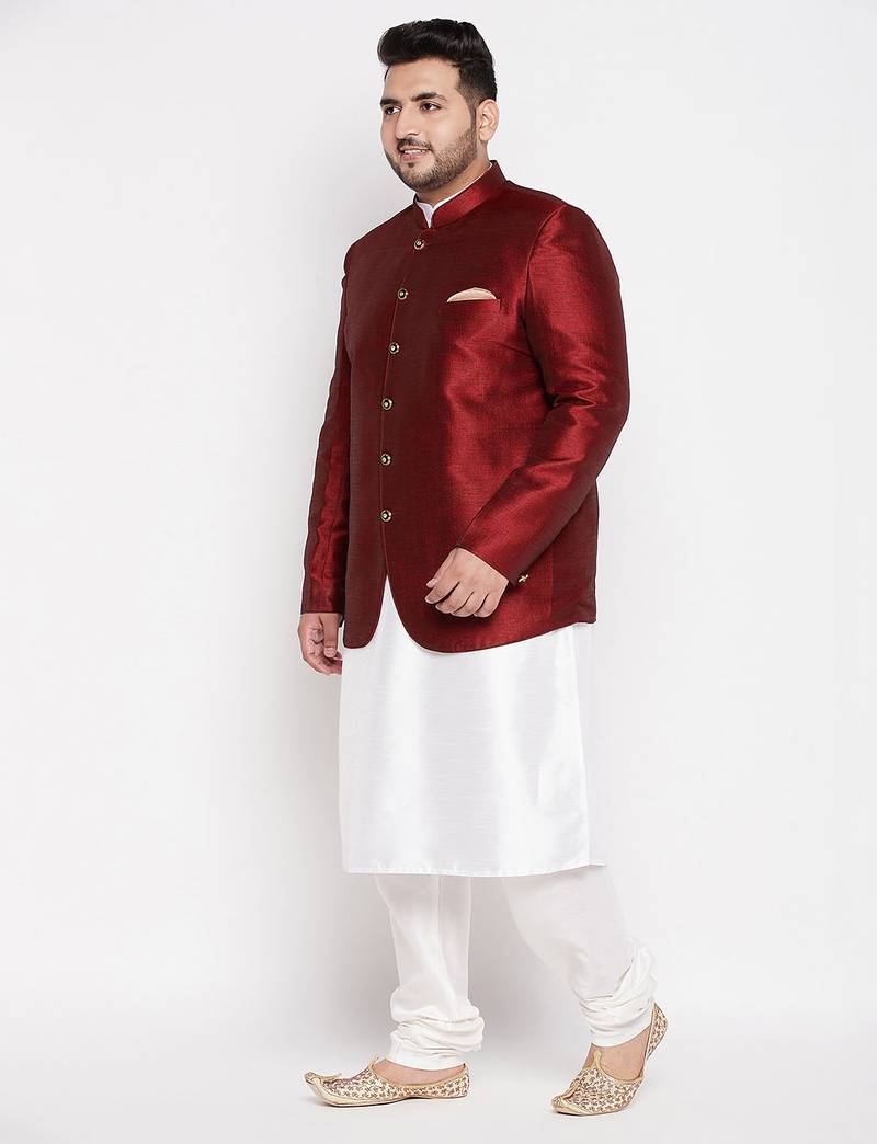 white and maroon silk blend ethnic combo set