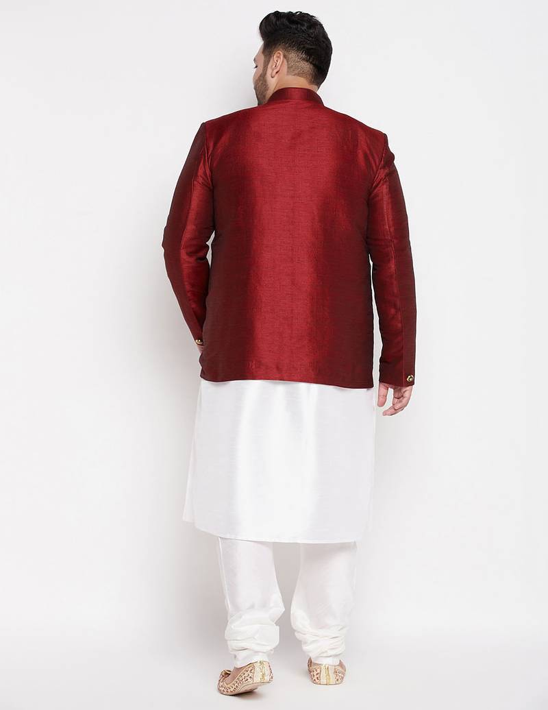 white and maroon silk blend ethnic combo set