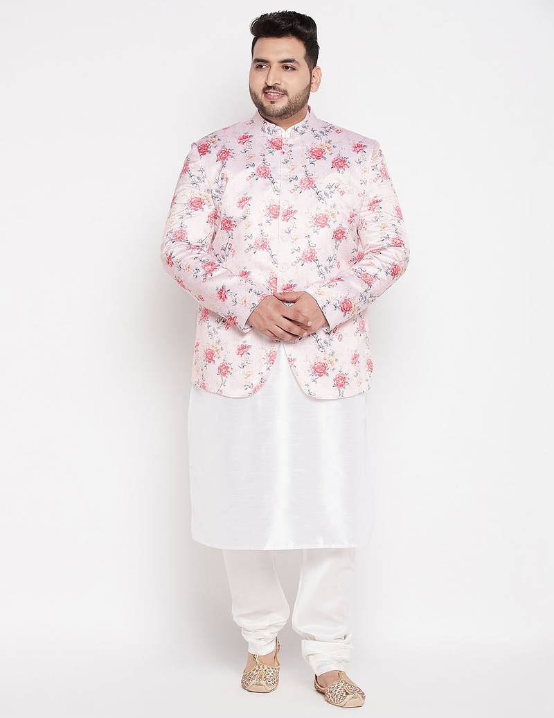 peach and white silk blend ethnic combo set