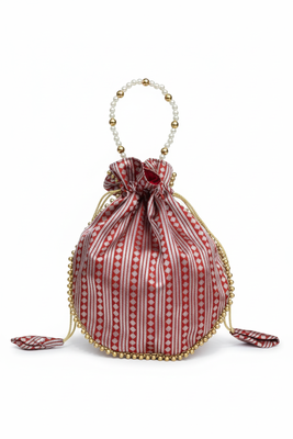 Red jacquard silk designer batwa with pearl handle 1
