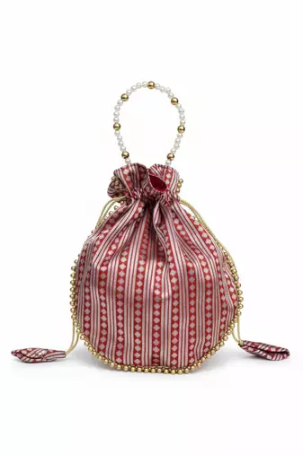 Red jacquard silk designer batwa with pearl handle