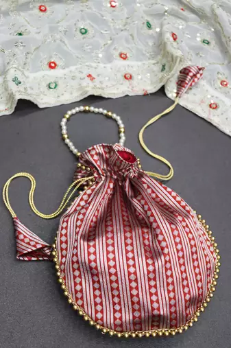 Red jacquard silk designer batwa with pearl handle