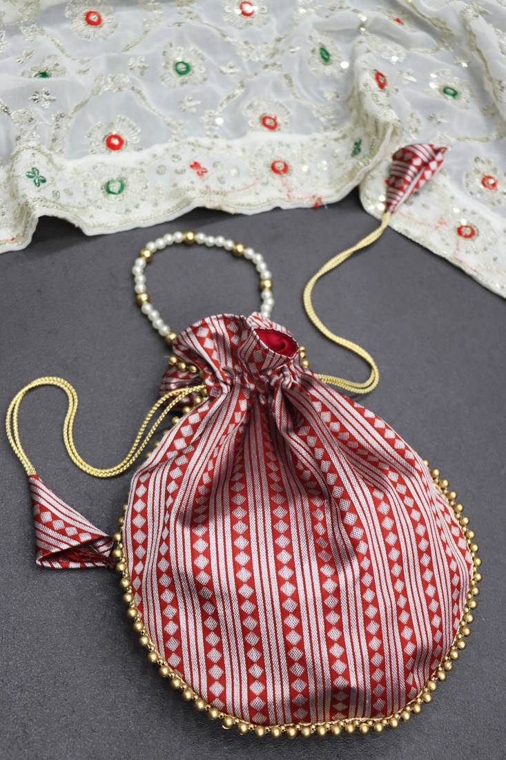 Red jacquard silk designer batwa with pearl handle