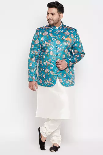 turquoise blue and cream silk blend ethnic combo set
