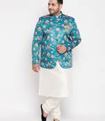 turquoise blue and cream silk blend ethnic combo set