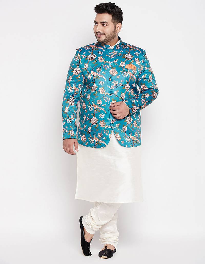 turquoise blue and cream silk blend ethnic combo set