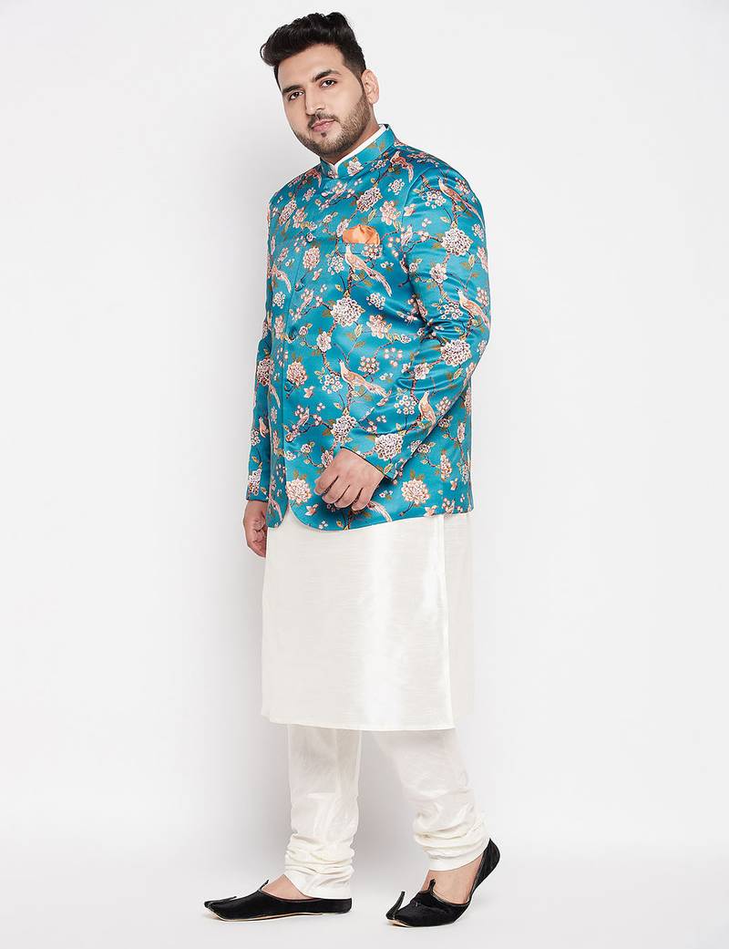 turquoise blue and cream silk blend ethnic combo set