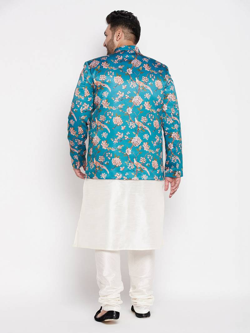 turquoise blue and cream silk blend ethnic combo set