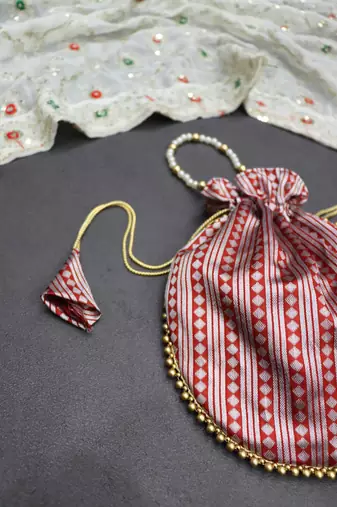 Red jacquard silk designer batwa with pearl handle