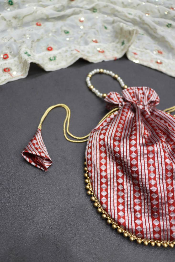 Red jacquard silk designer batwa with pearl handle