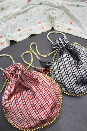 Red jacquard silk designer batwa with pearl handle