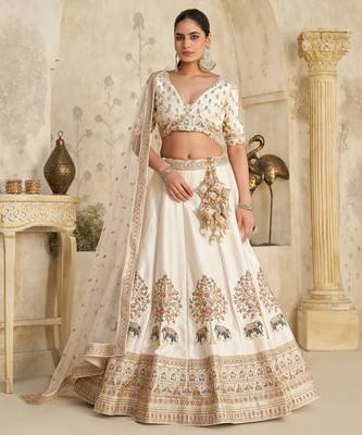 White Lehenga with Intricate Elephant Zari Work 1