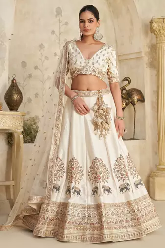 White Lehenga with Intricate Elephant Zari Work
