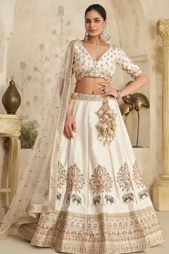 White Lehenga with Intricate Elephant Zari Work